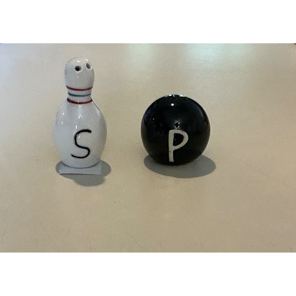 New Vintage Bowling Pin and Ball Ceramic Salt and Pepper Shaker Set
